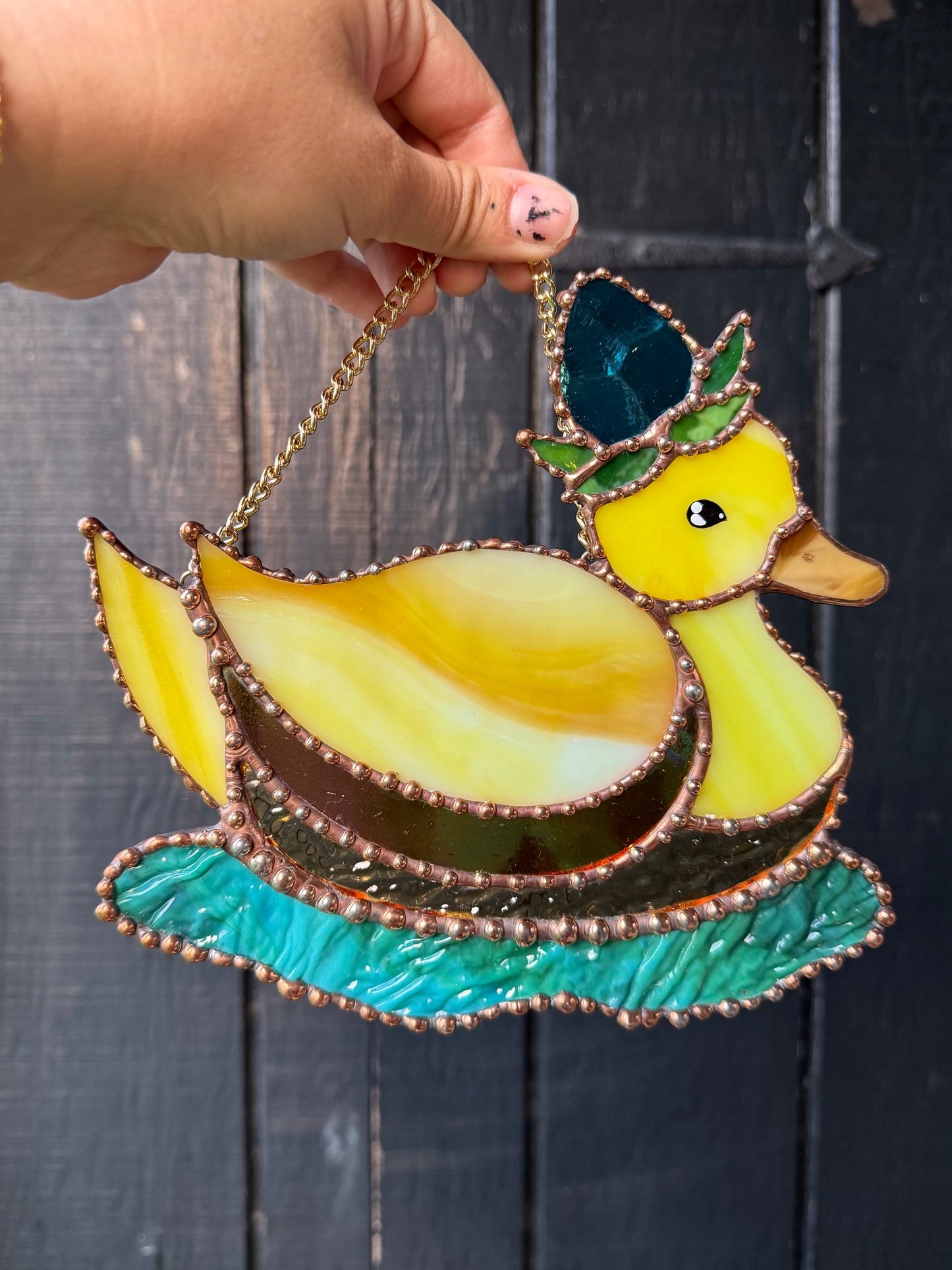 Blue Raspberry Duck Stained Glass Suncatcher