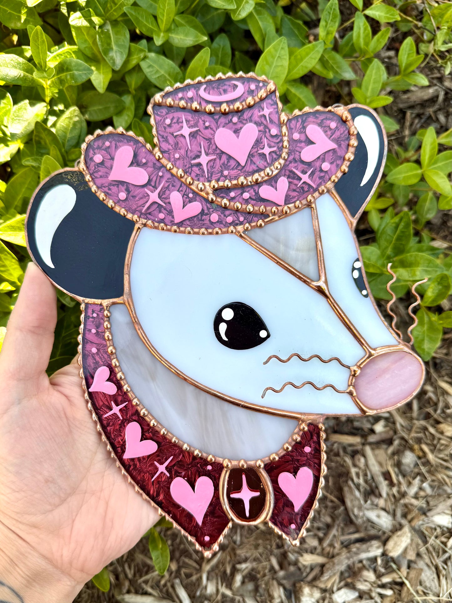 Pink Pony Opossum Stained Glass Suncatcher