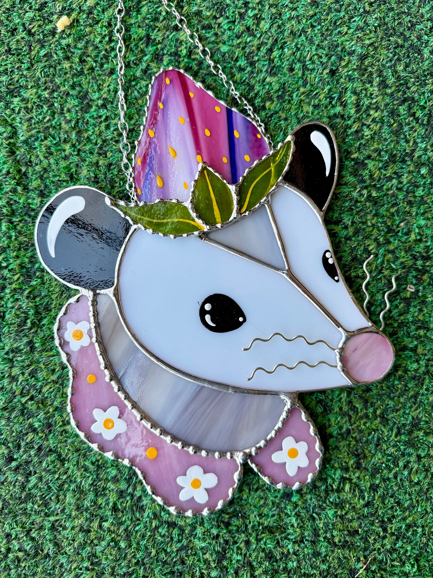 Pink Strawberry Opossum Stained Glass Suncatcher