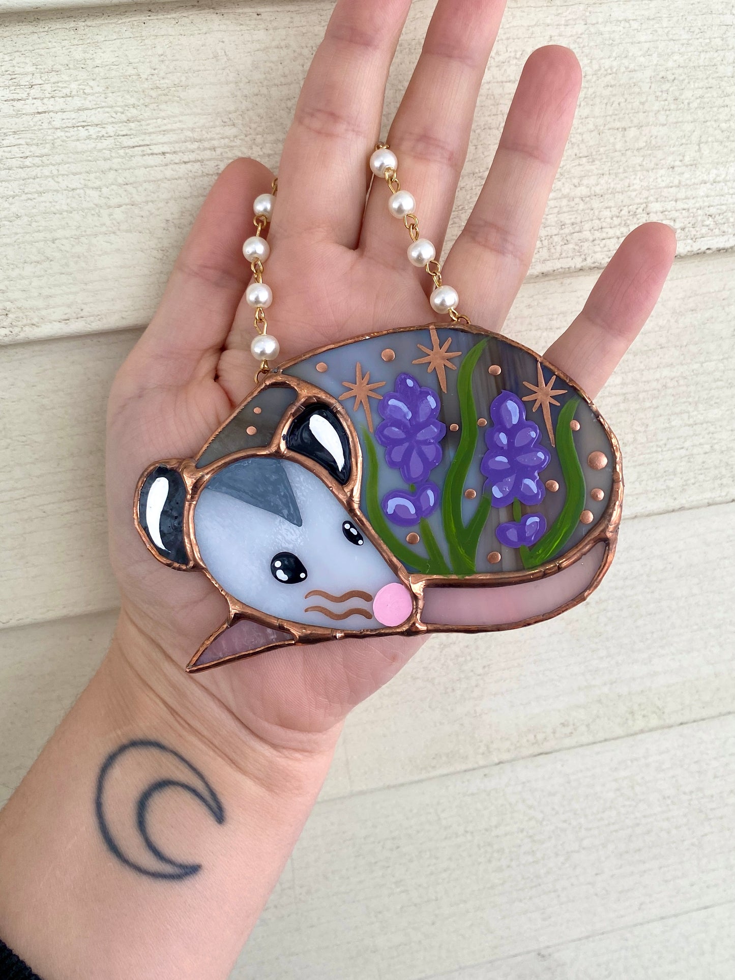 Mini Sleepy Lavender Opossum Stained Glass Ornament