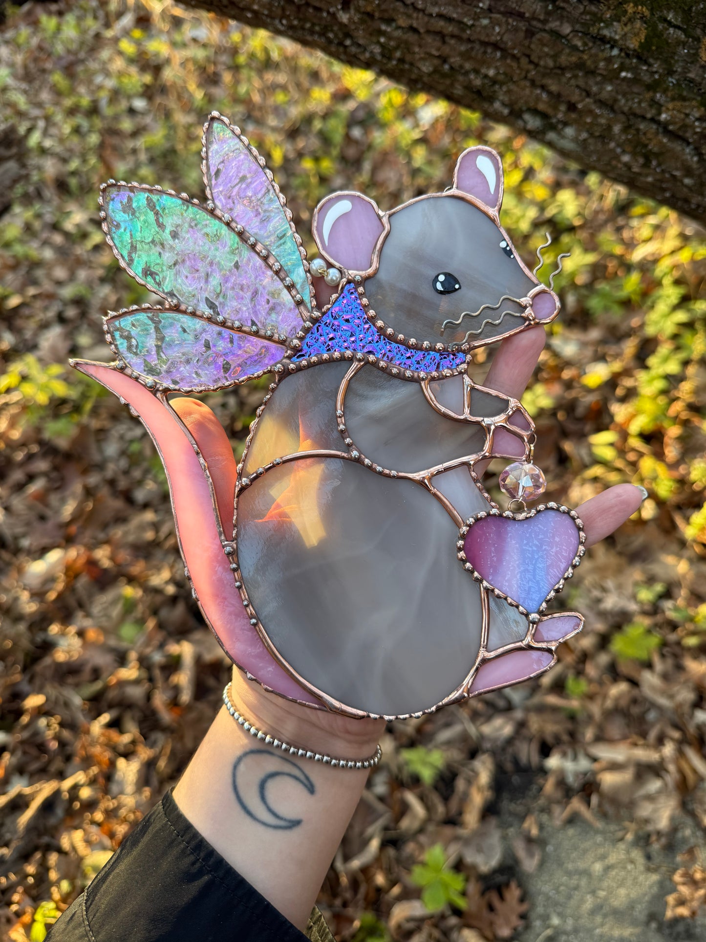Grey Fairy Rat Stained Glass Suncatcher