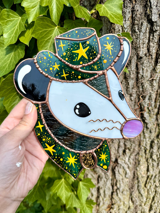 Green Whimsy Star Cowboy Opossum Stained Glass Suncatcher