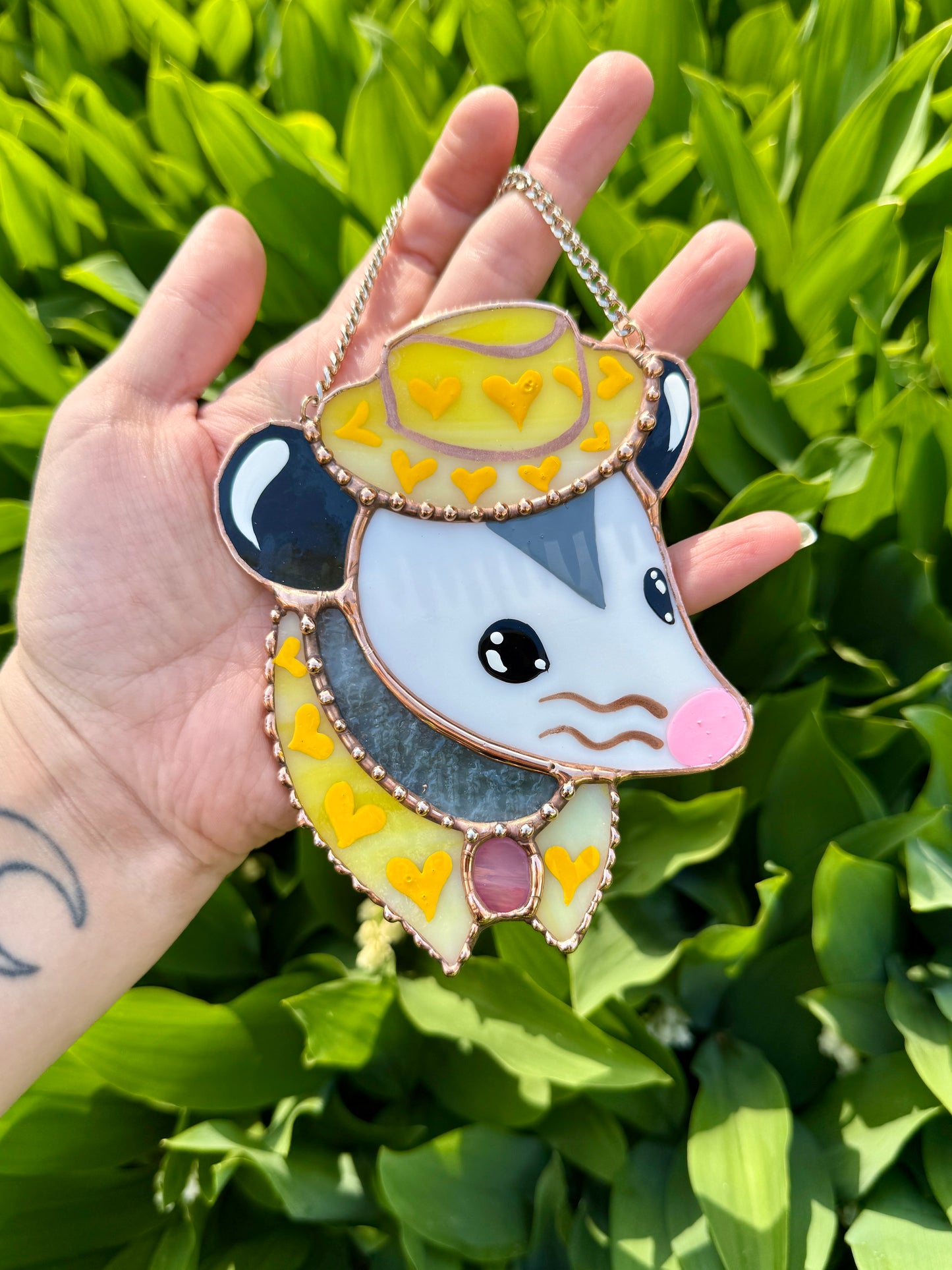 Mini Yellow Cowboy Opossum Stained Glass Ornament