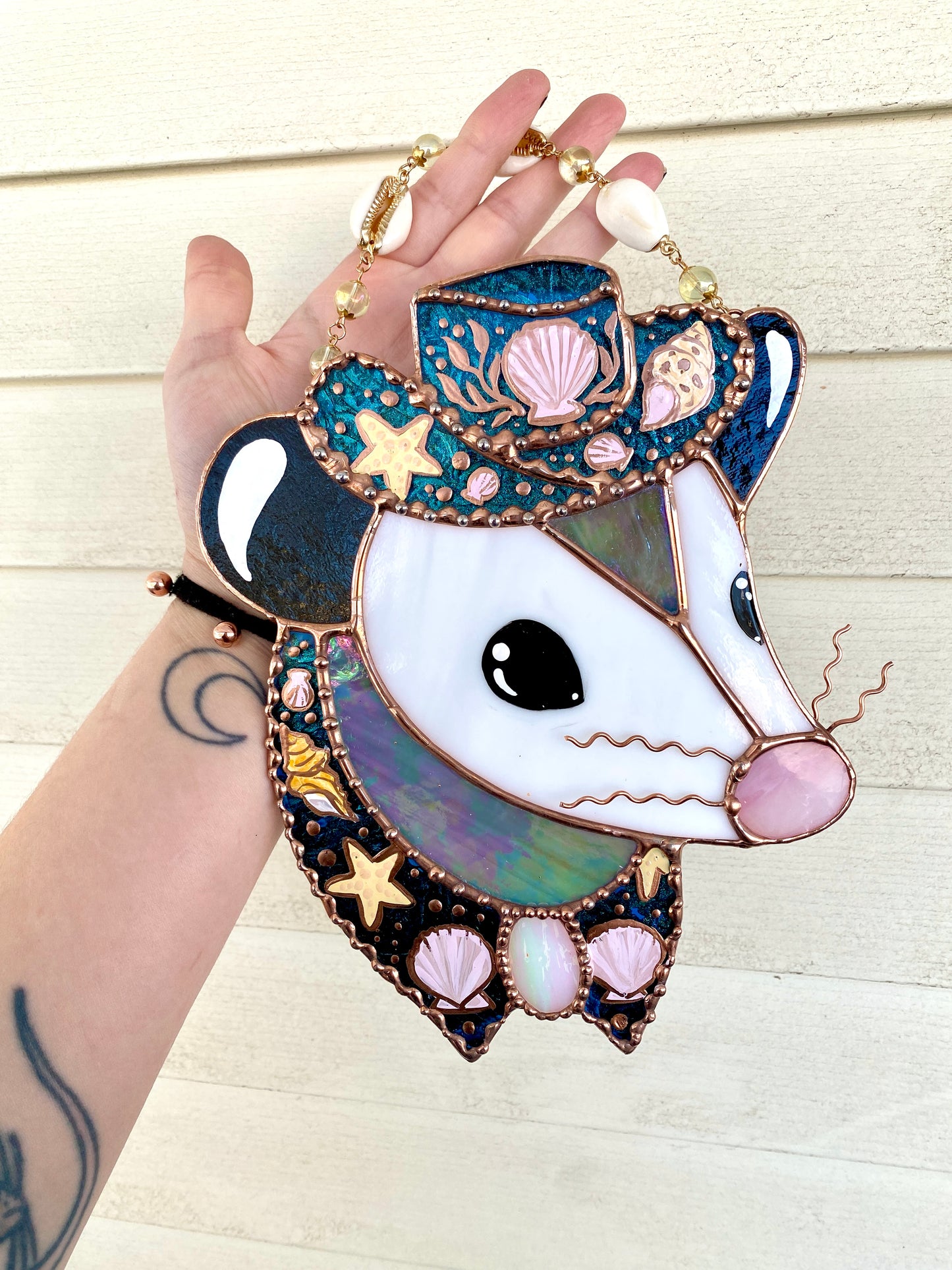 Mermaid Cowboy Opossum Stained Glass Suncatcher
