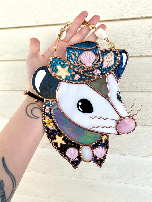 Mermaid Cowboy Opossum Stained Glass Suncatcher