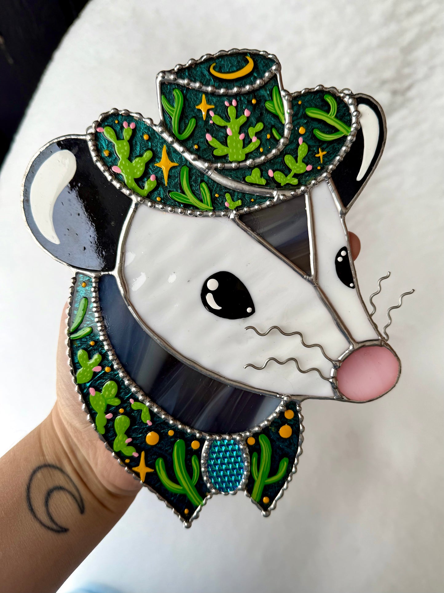 Cactus Cowboy Opossum Stained Glass Suncatcher
