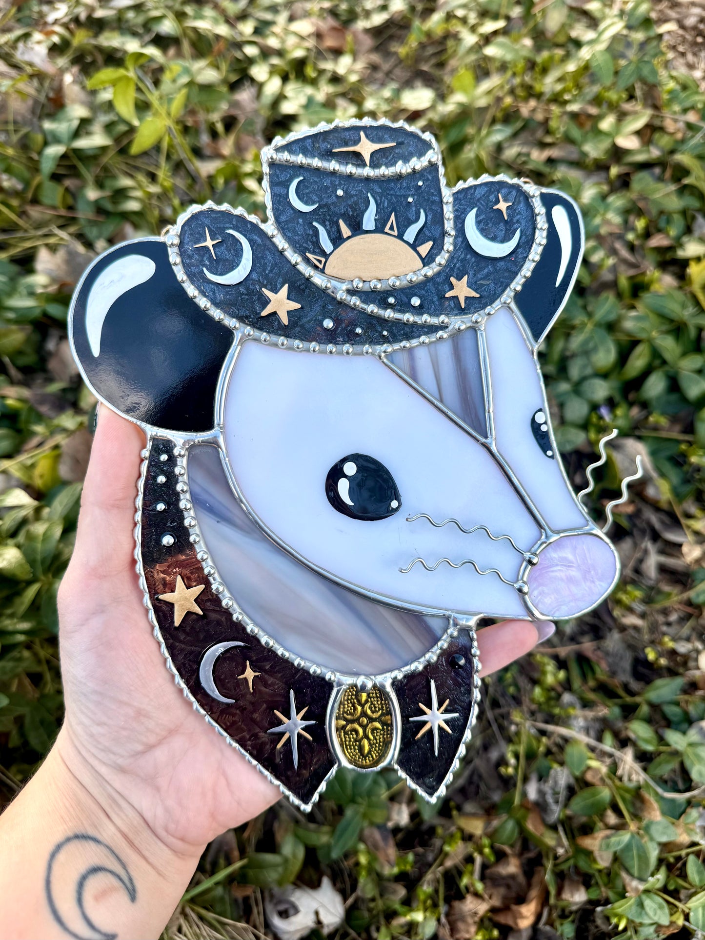 Mixed Metal Celestial Opossum Stained Glass Suncatcher