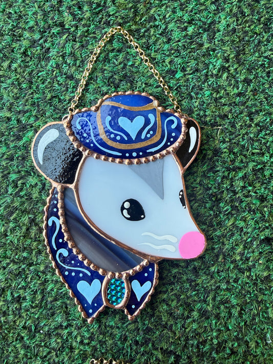 Blue Heart Cowboy Opossum Mini Stained Glass Suncatcher