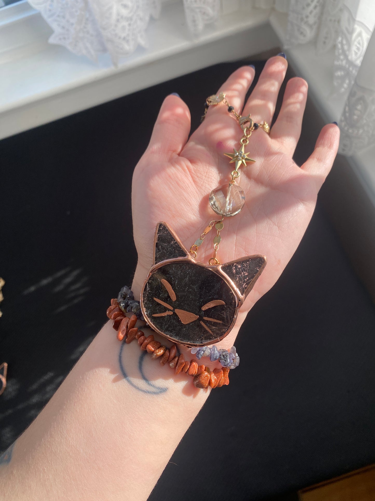 Black Star Cat Stained Glass Charm
