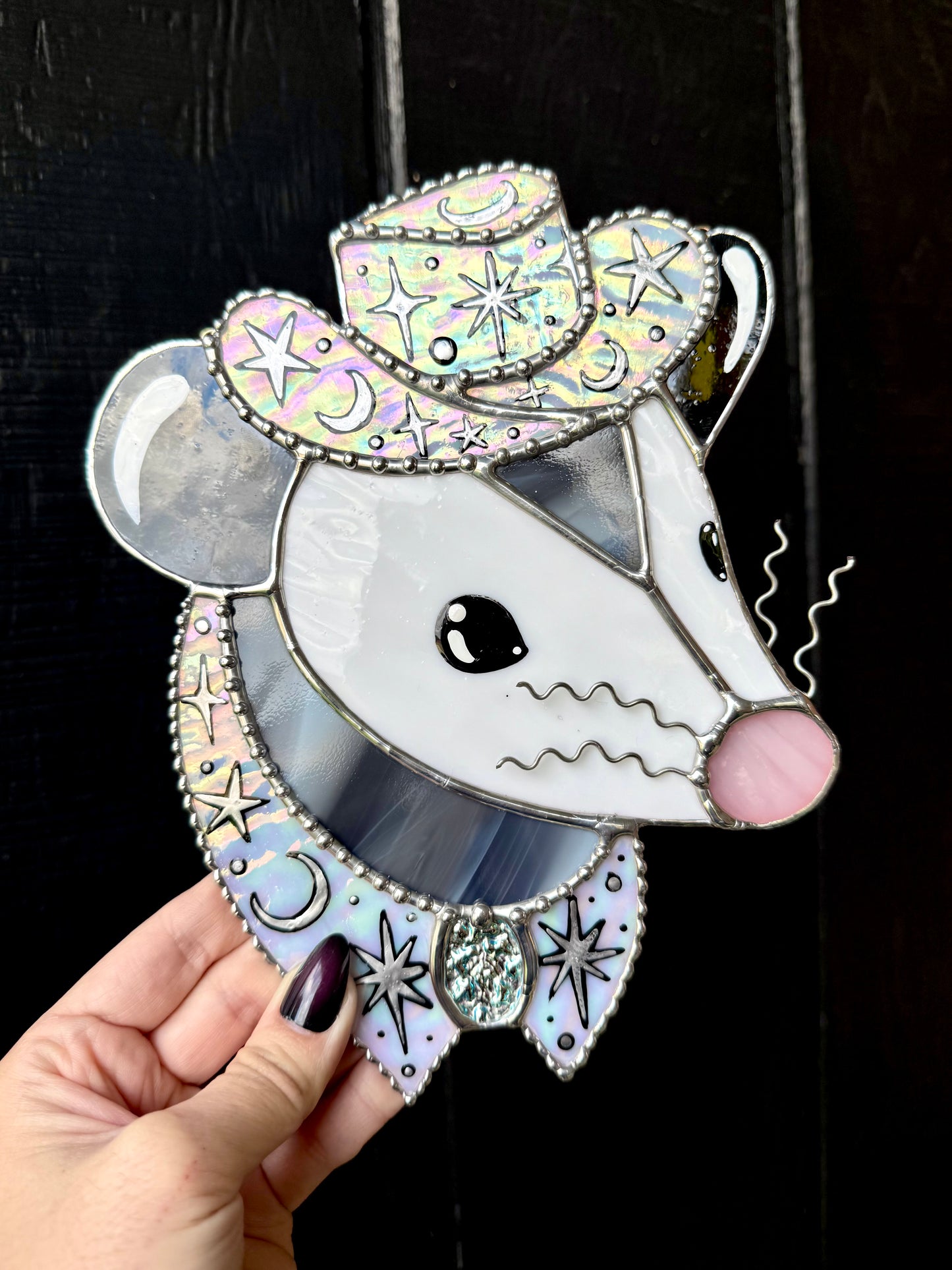 Silver Starlight Opossum Stained Glass Artwork