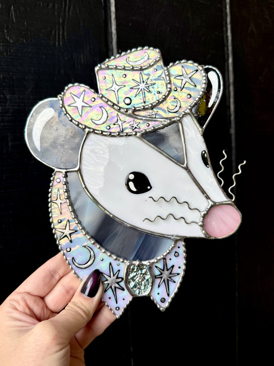 Silver Starlight Opossum Stained Glass Artwork