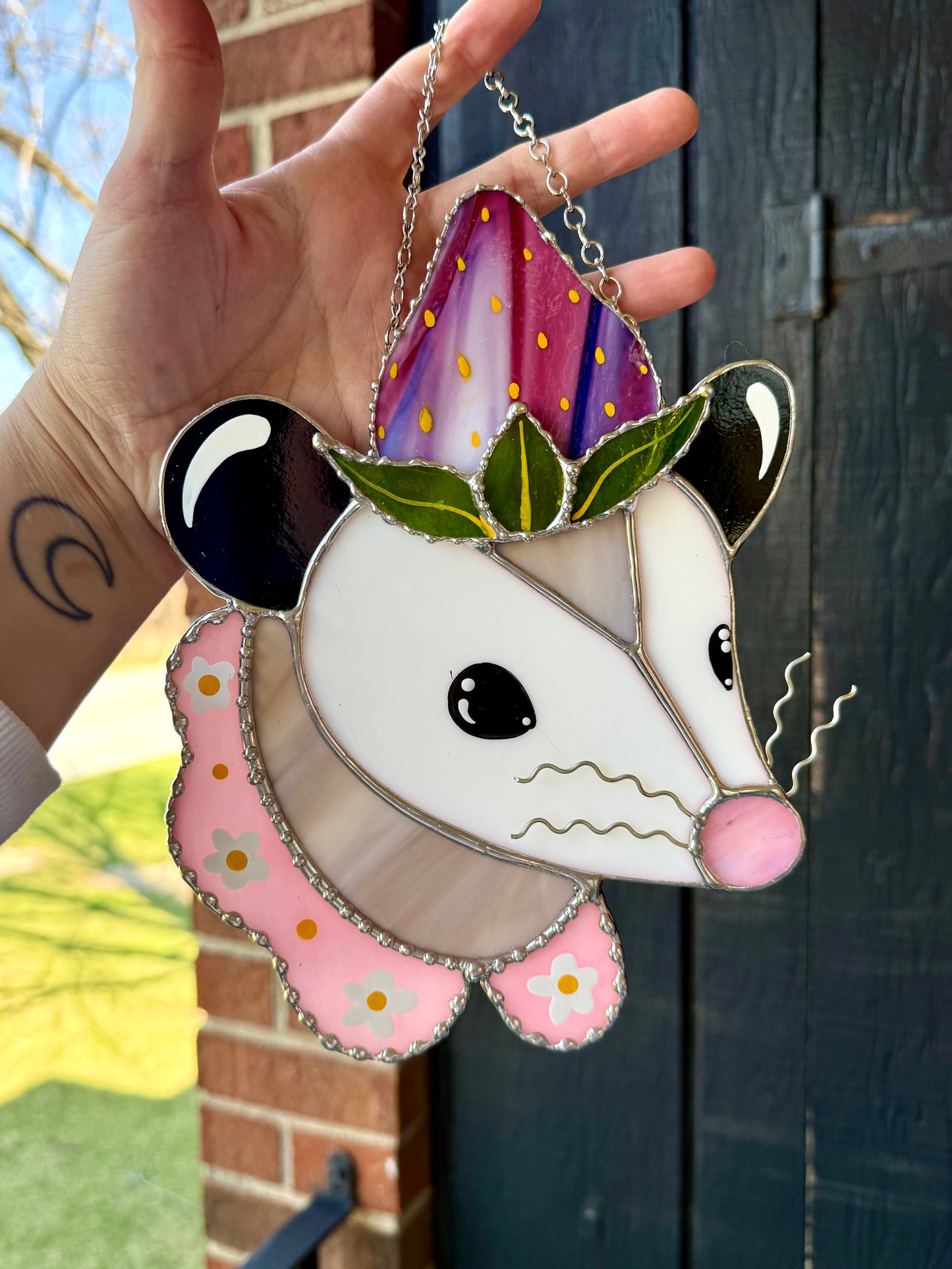 Pink Strawberry Opossum Stained Glass Suncatcher