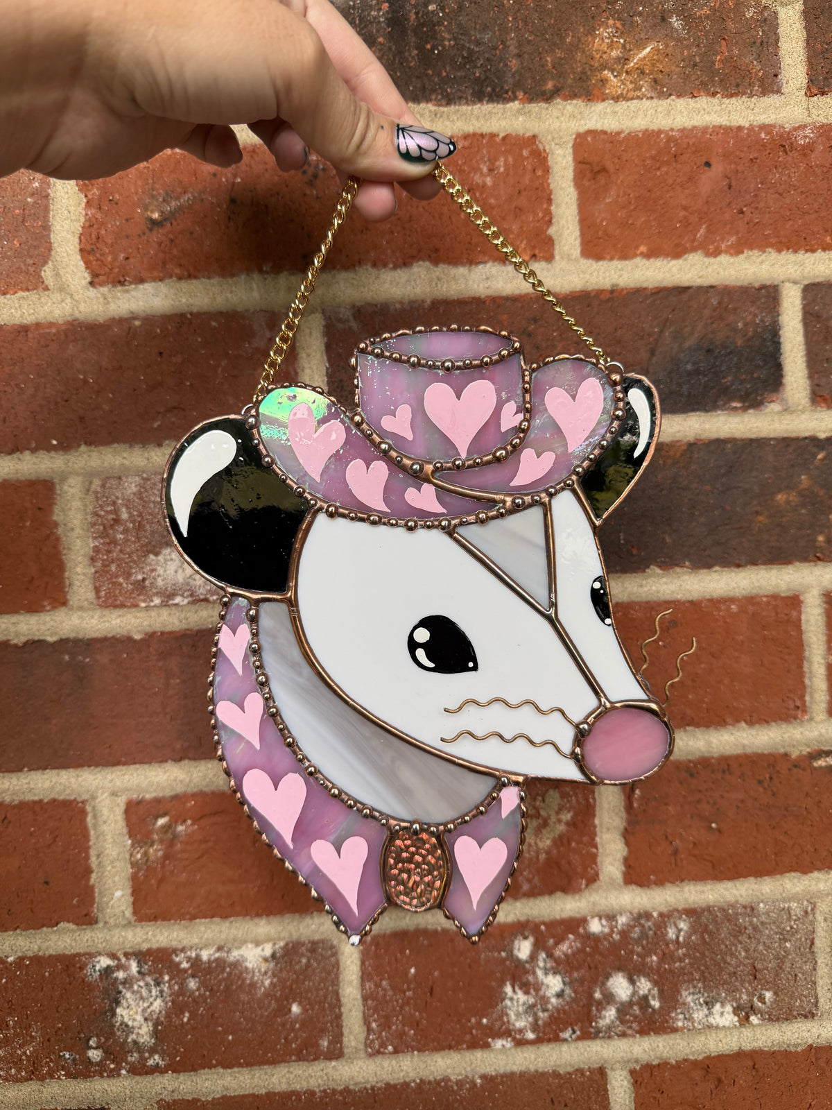 Pink Pony Opossum Stained Glass Suncatcher