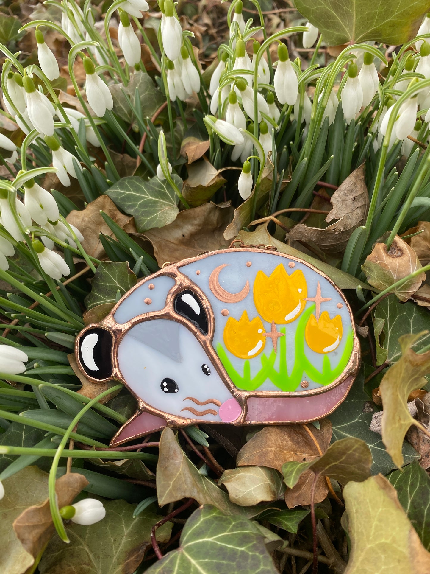 Sleepy Yellow Tulip Opossum Mini Stained Glass Suncatcher