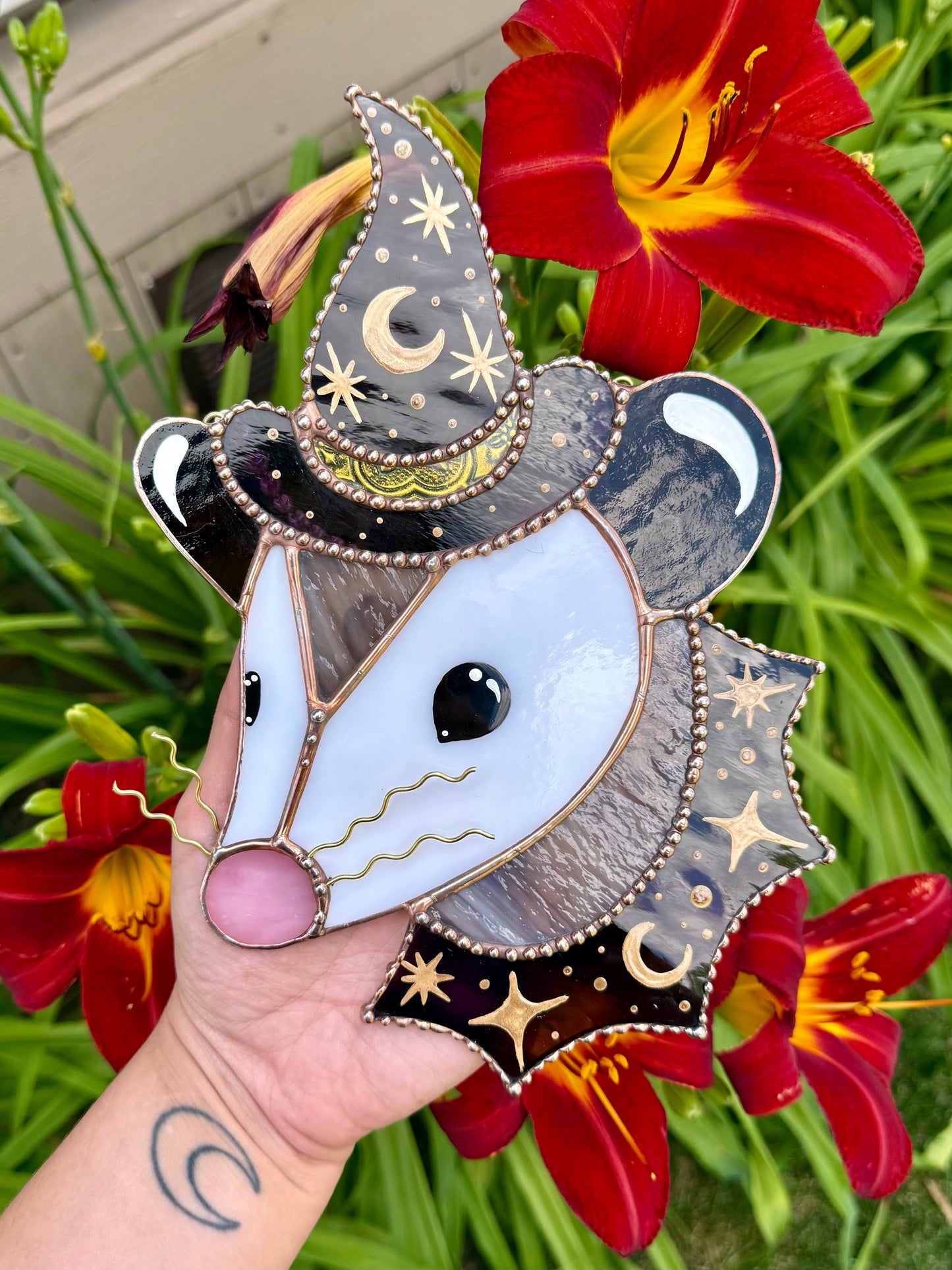 Deep Purple Witch Opossum Stained Glass Suncatcher