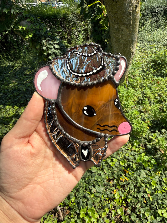 Mini Brown Cowboy Mouse Stained Glass Suncatcher