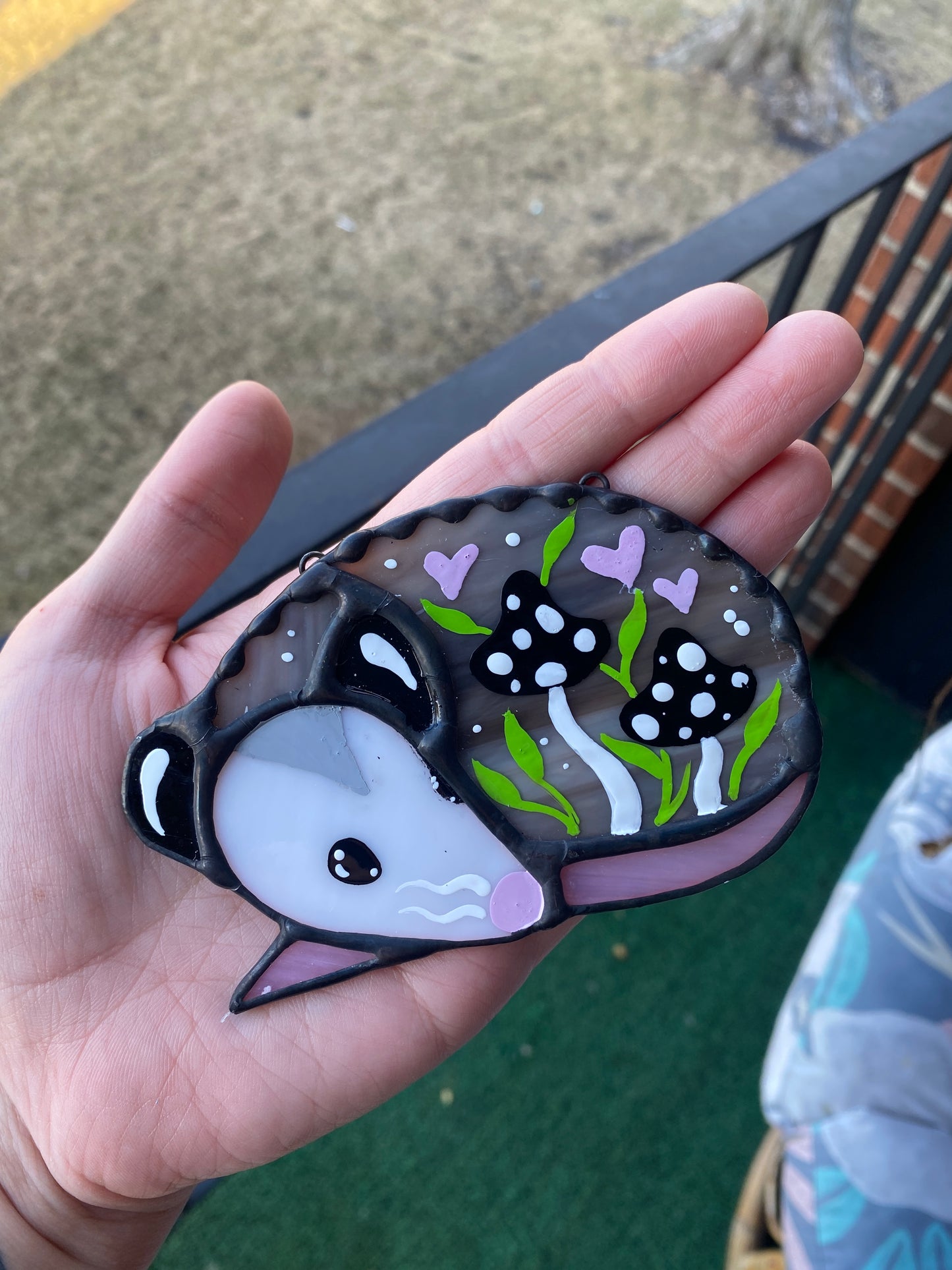 Black and Pink Opossum Stained Glass Ornament