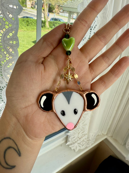 Green Heart Opossum Stained Glass Car Charm
