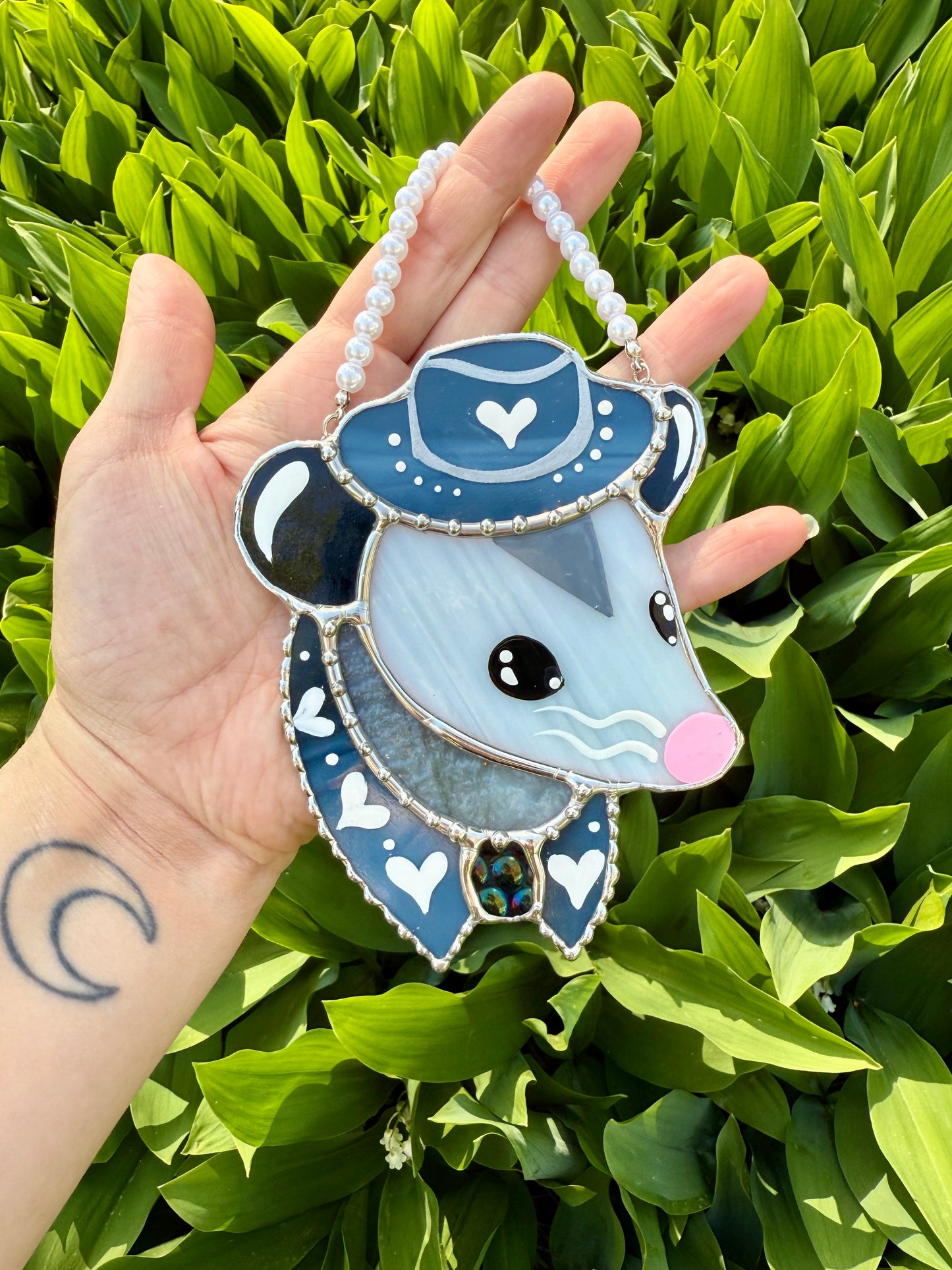 Mini Blue Jean Cowboy Opossum Stained Glass Ornament