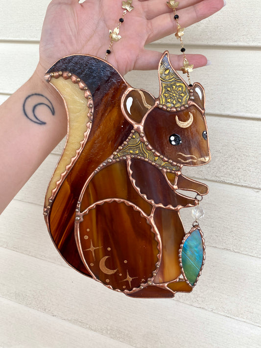 Golden Squirrel Wizard Stained Glass Suncatcher