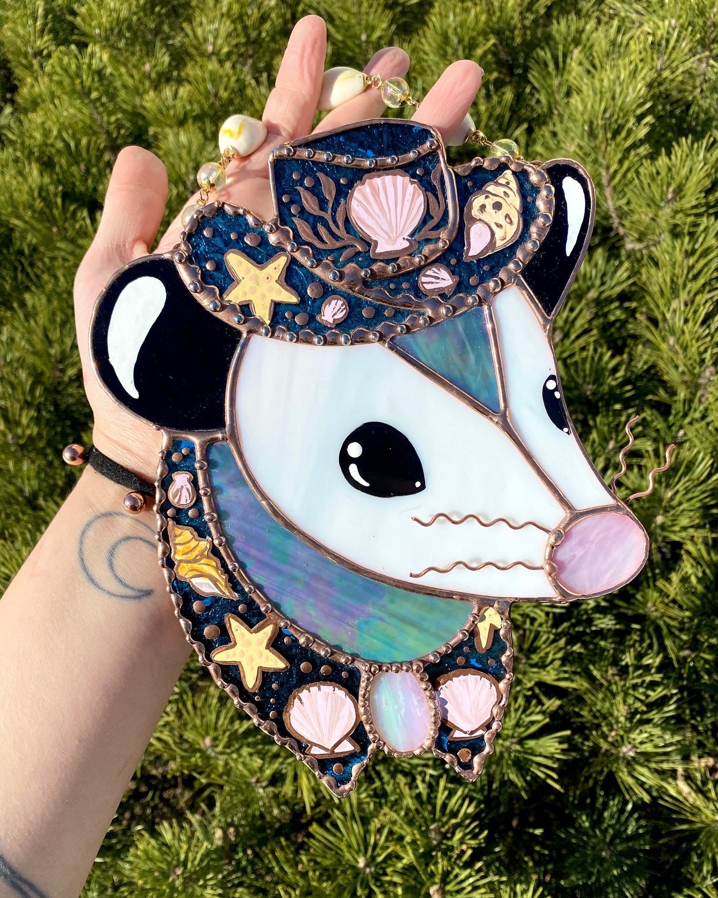 Mermaid Cowboy Opossum Stained Glass Suncatcher
