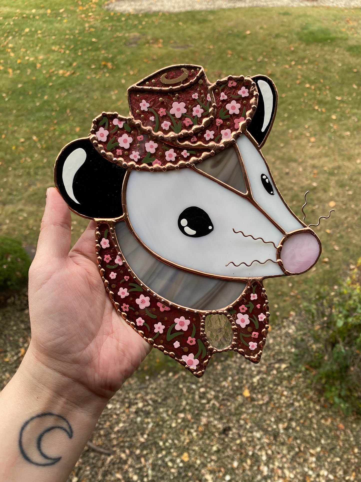Ornate Floral Cowboy Opossum Stained Glass Opossum
