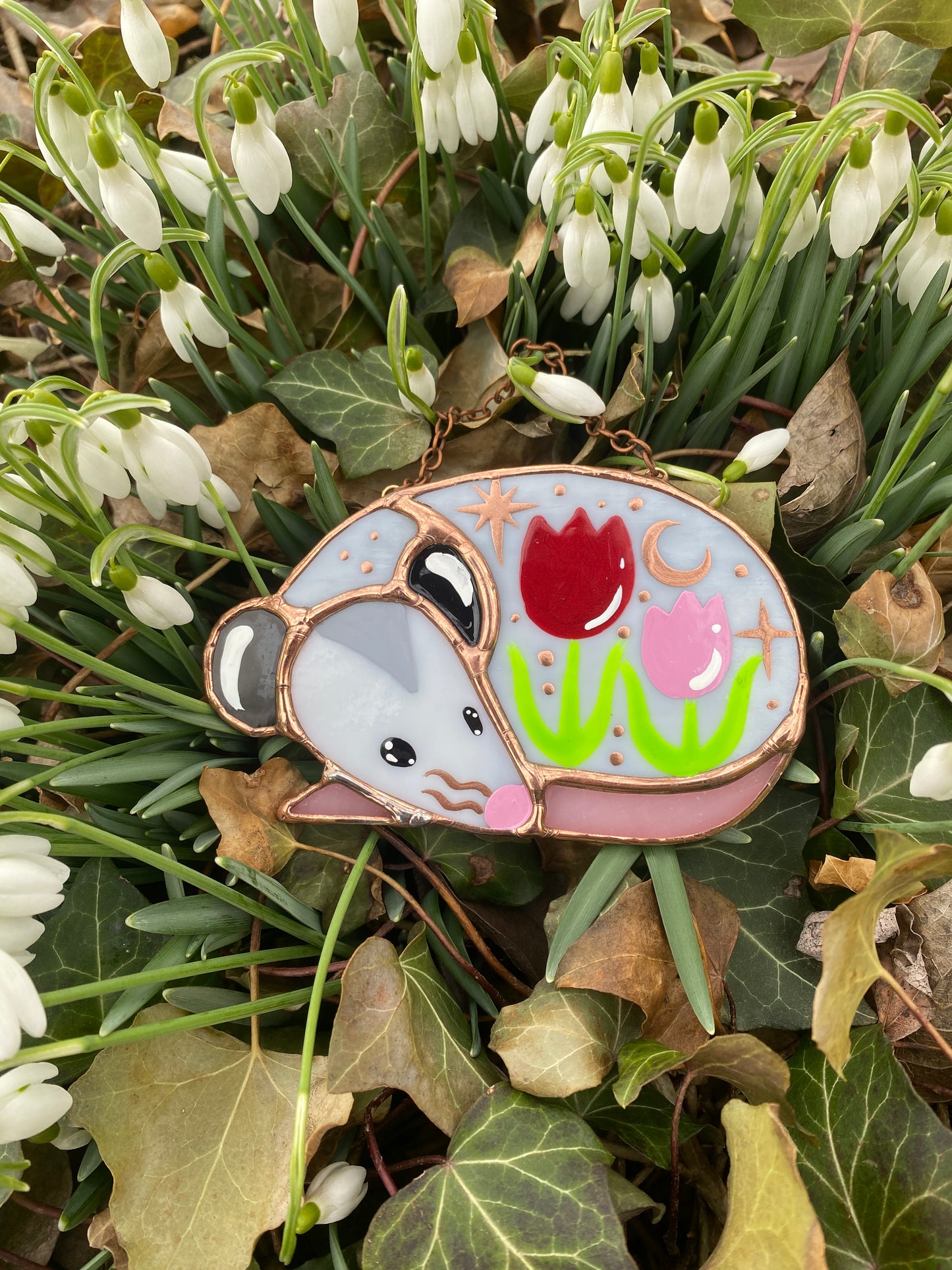 Sleepy Red and Pink Tulip Opossum Mini Stained Glass Suncatcher