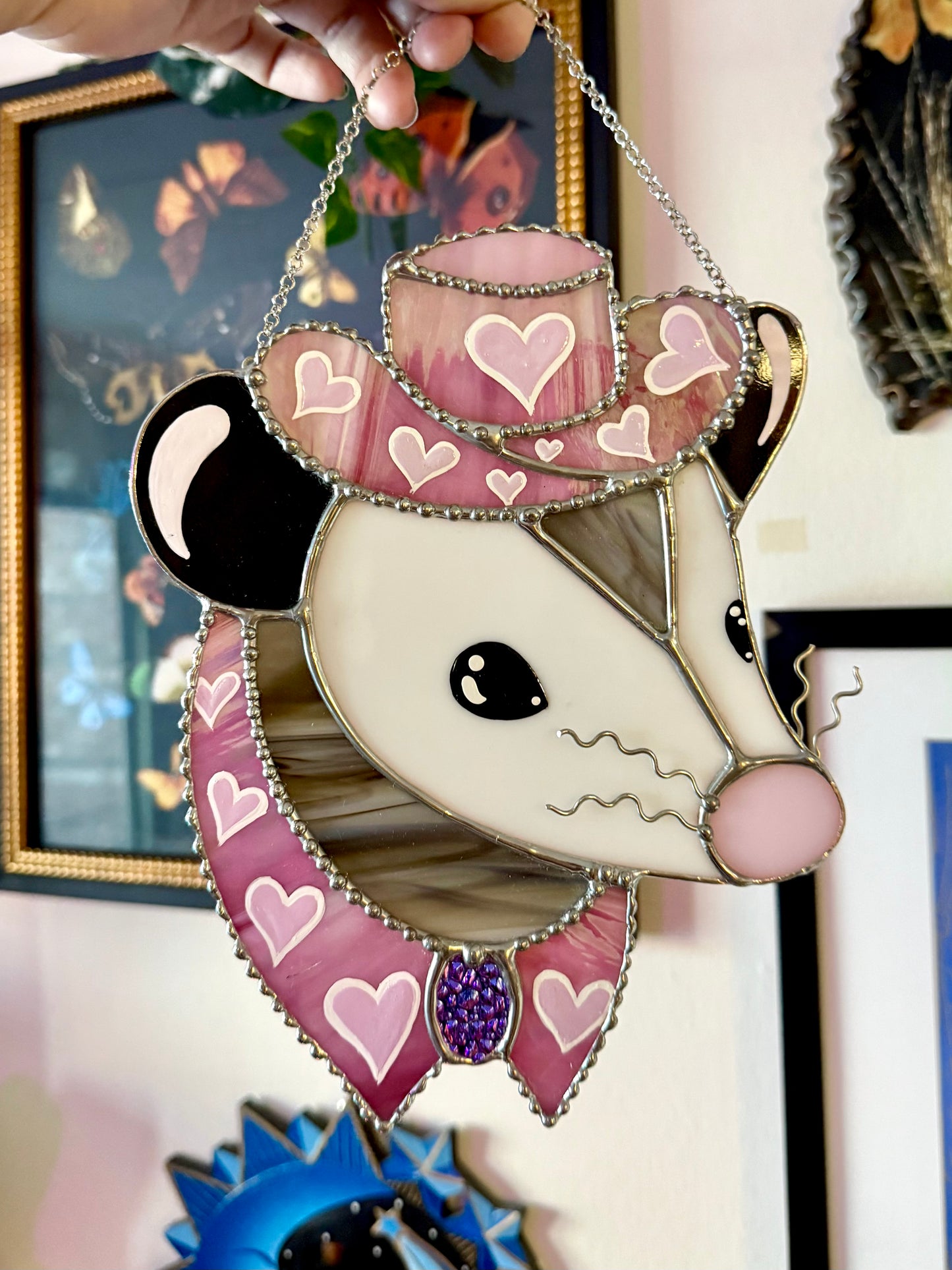 Iridescent Pink Pony Cowboy Opossum Stained Glass
