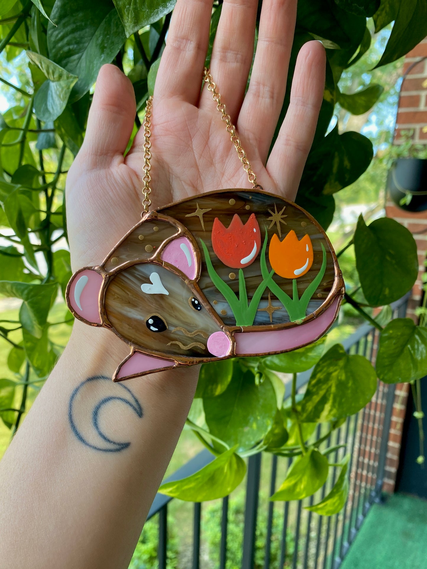 Mini Brown Tulip Rat Stained Glass Ornament