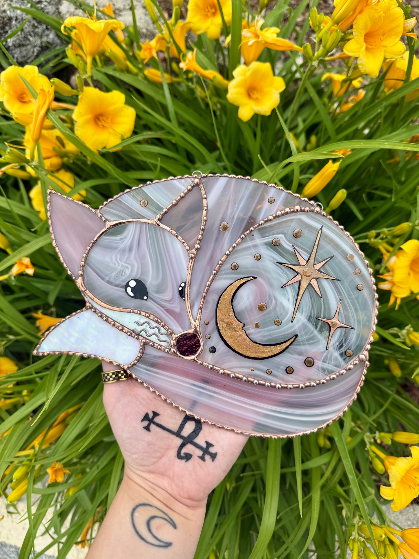 Large Celestial Pink Fox Stained Glass Suncatcher