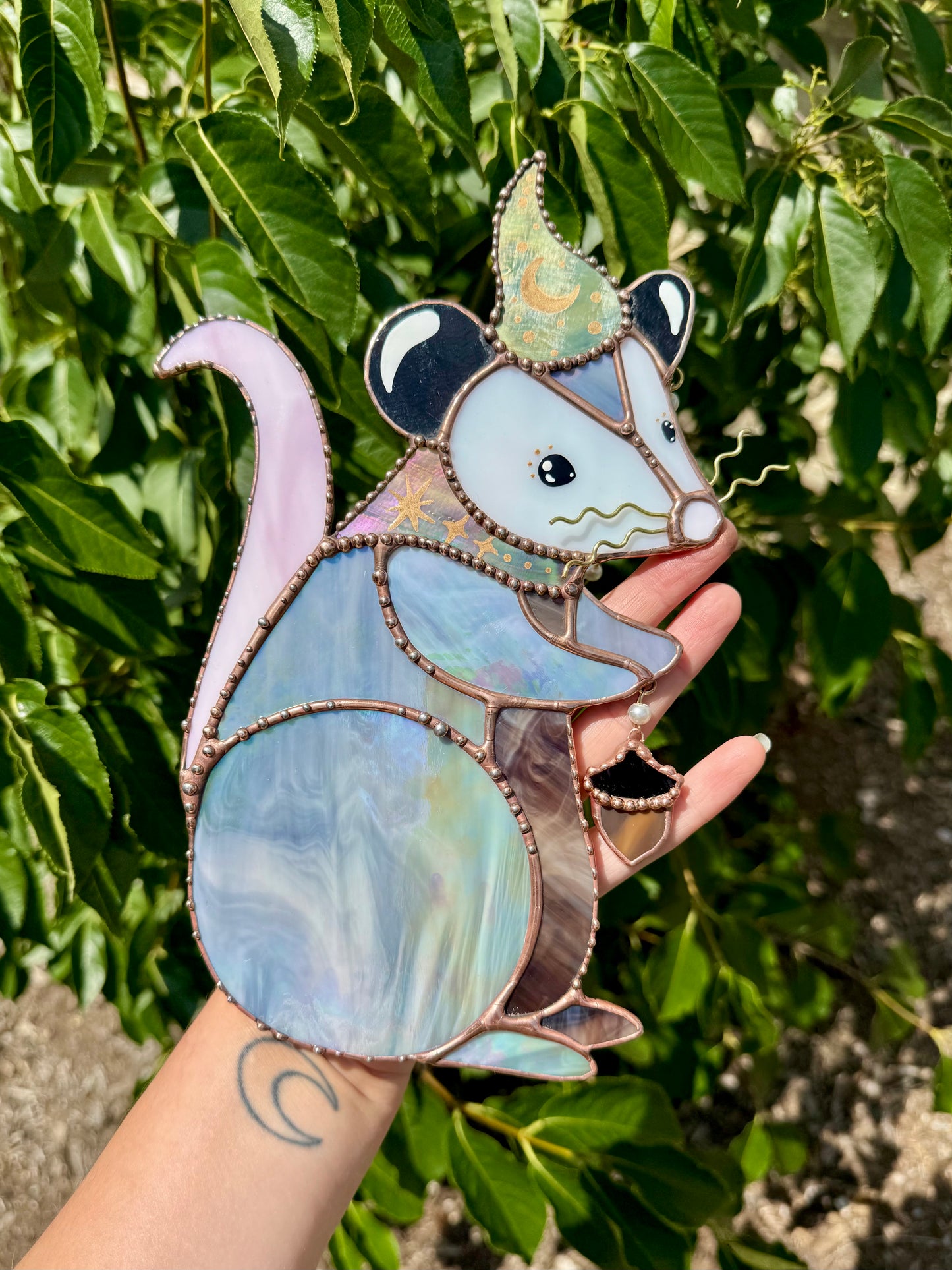 Acorn Wizard Opossum Stained Glass Suncatcher