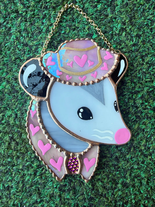 Iridescent Pink Heart Cowboy Opossum Mini Stained Glass Suncatcher