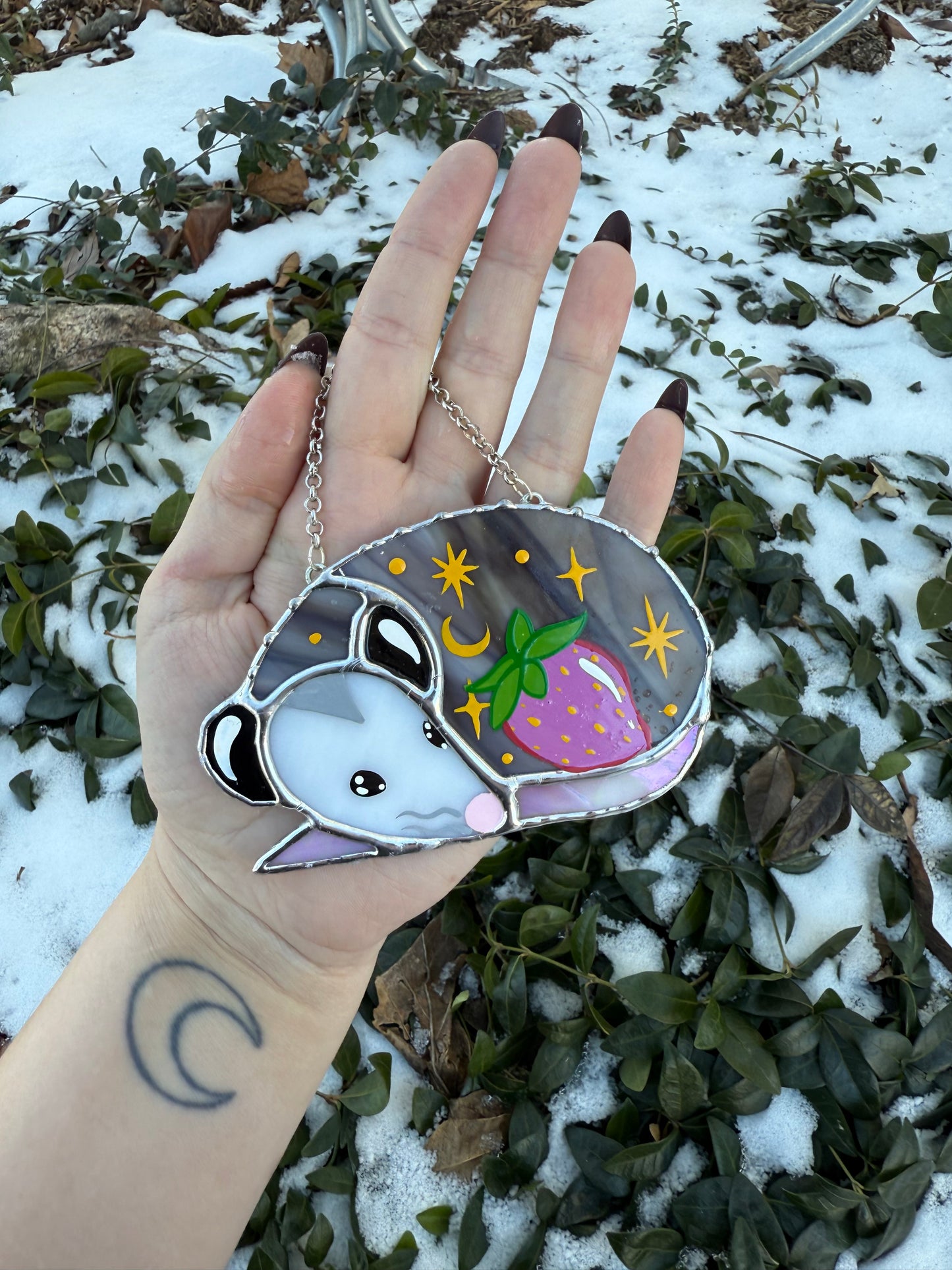 Sleepy Pink Strawberry Opossum Stained Glass Ornament
