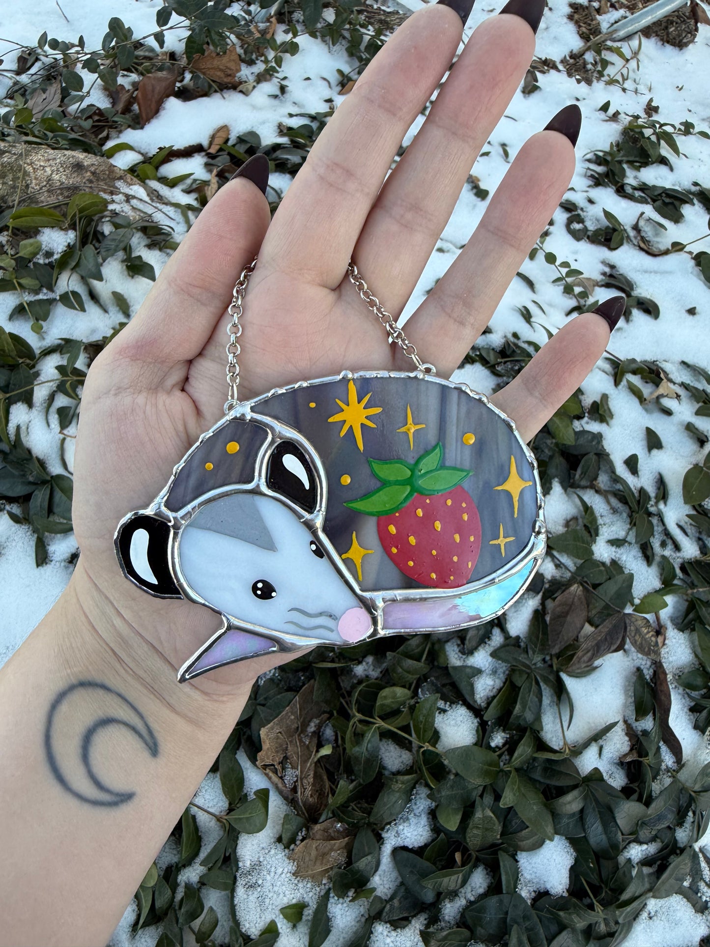 Sleepy Red Strawberry Opossum Stained Glass Ornament
