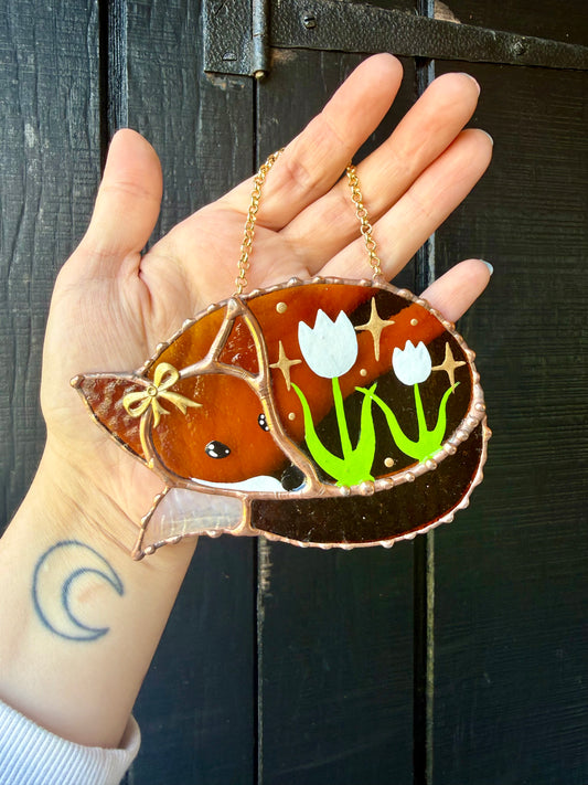 White Tulip Fox Mini Stained Glass Suncatcher