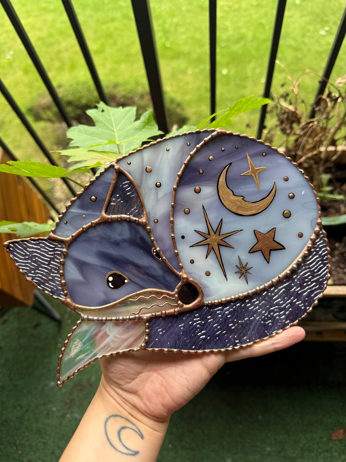 Large Celestial Purple Fox Stained Glass Suncatcher