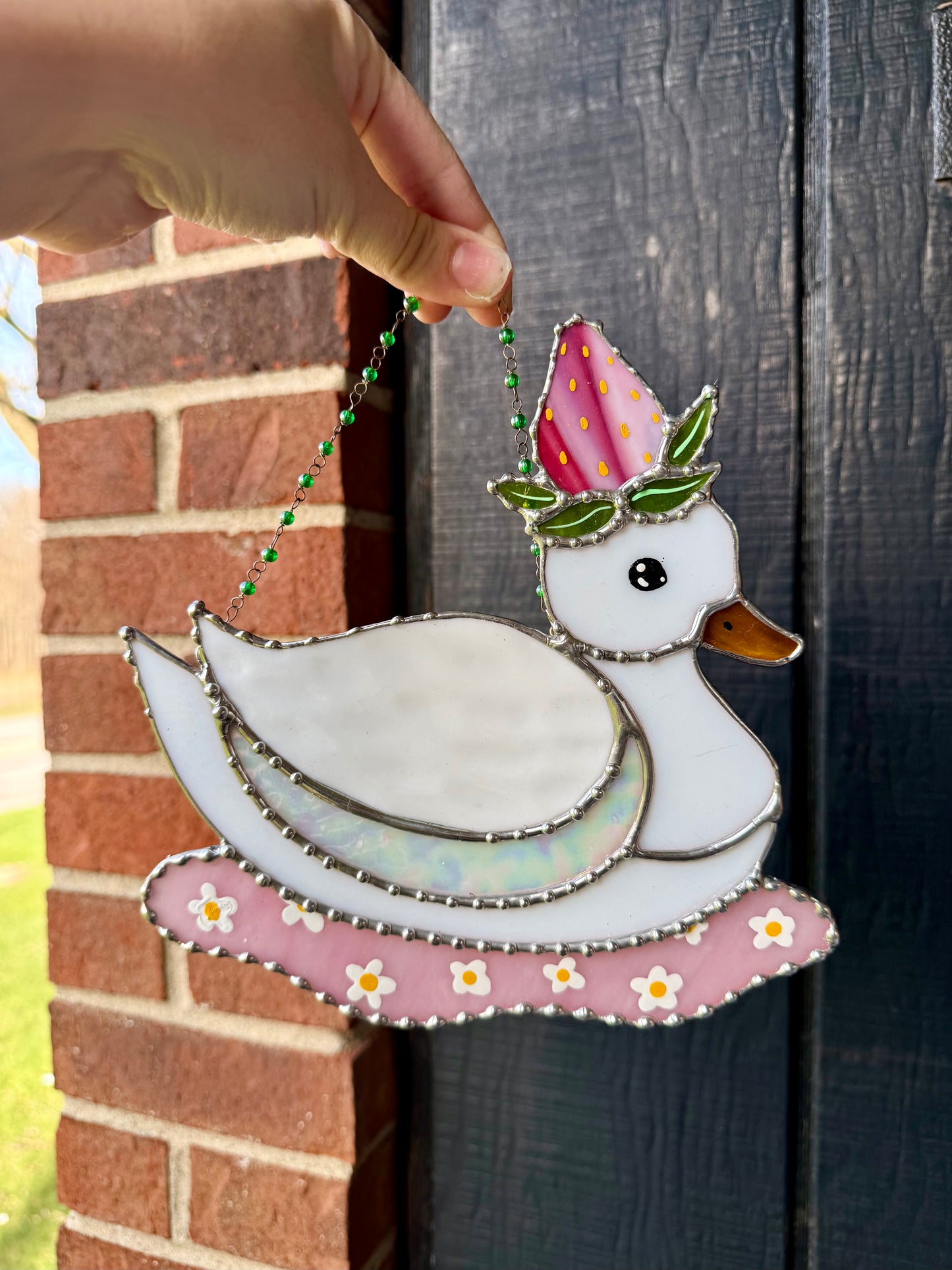 Pink Iridescent Strawberry Duck Stained Glass Suncatcher