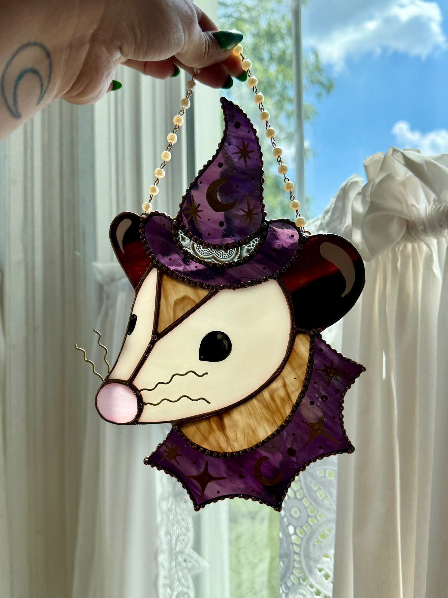 Deep Purple Witch Opossum Stained Glass Suncatcher