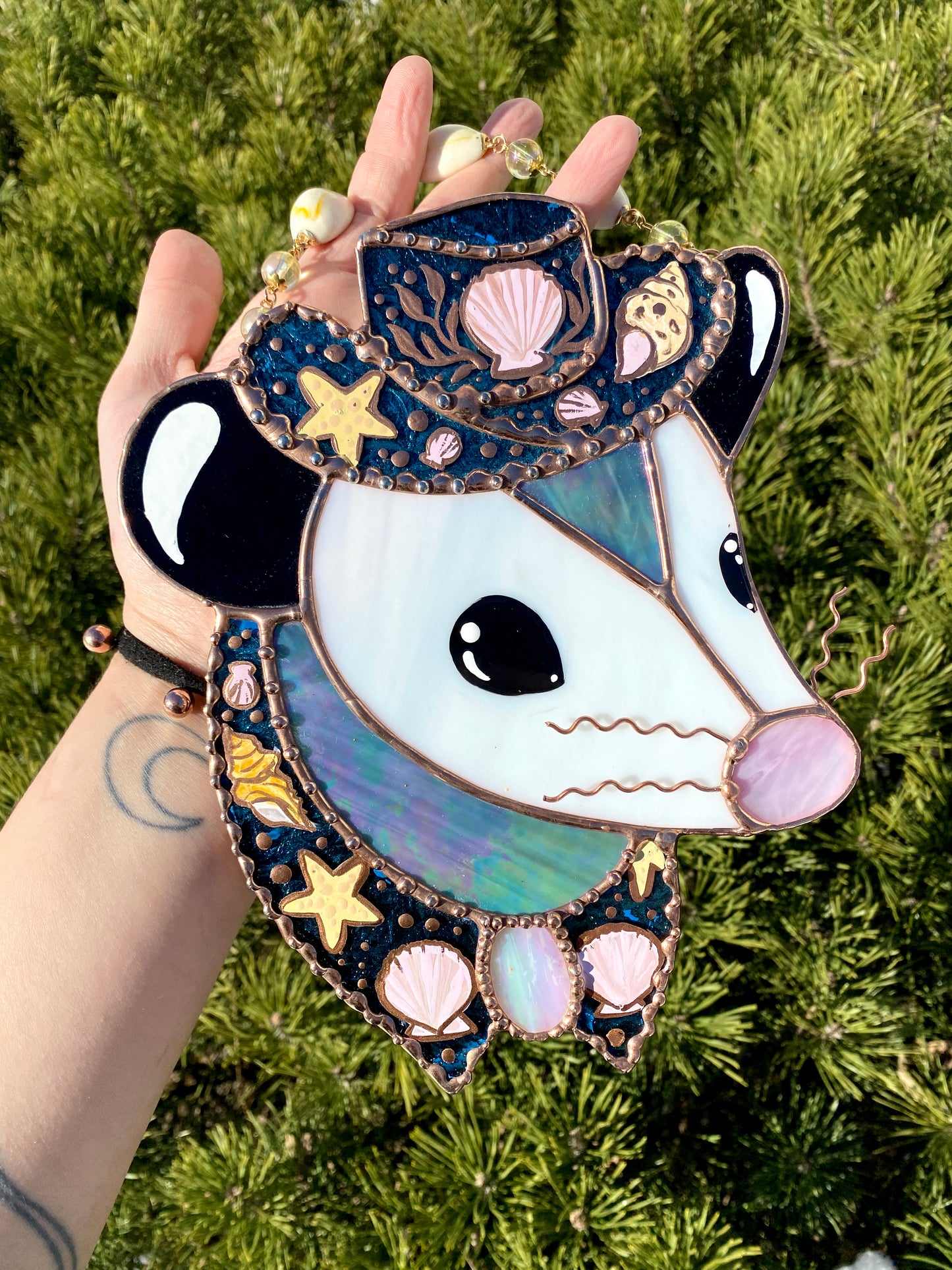 Mermaid Cowboy Opossum Stained Glass Suncatcher