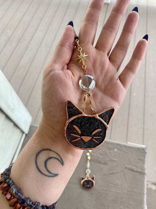 Black Star Cat Stained Glass Charm