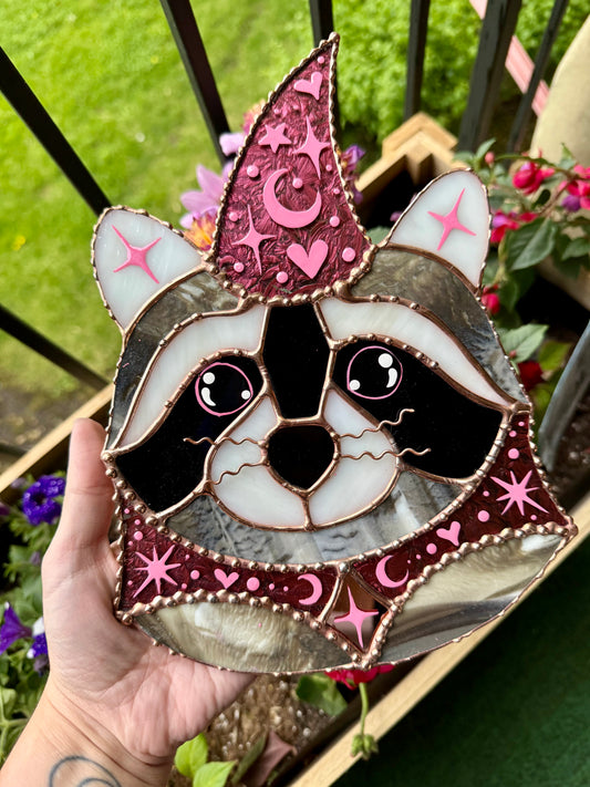 Pink Wizard Raccoon Stained Glass Suncatcher