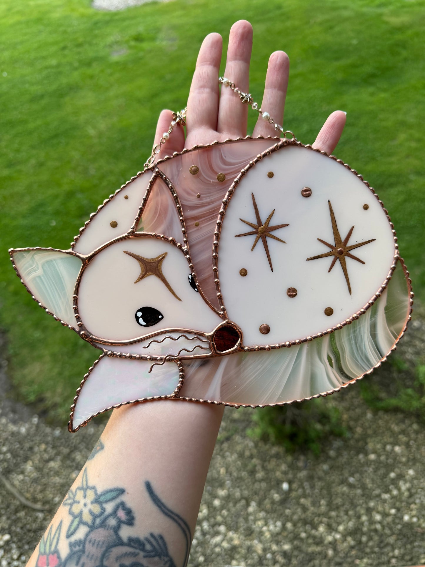 Large Celestial Pink Fox Stained Glass Suncatcher