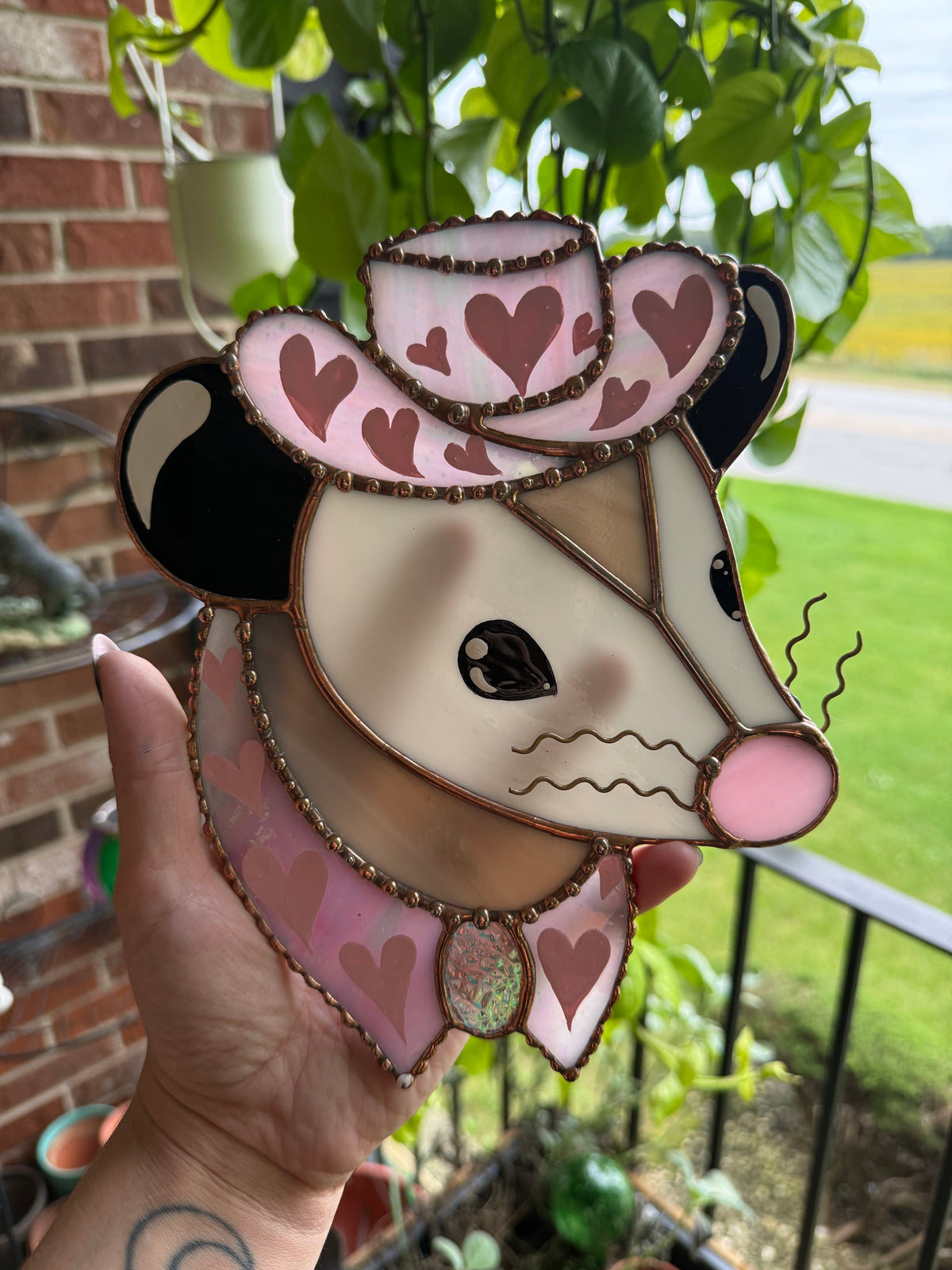Pink Pony Opossum Stained Glass Suncatcher