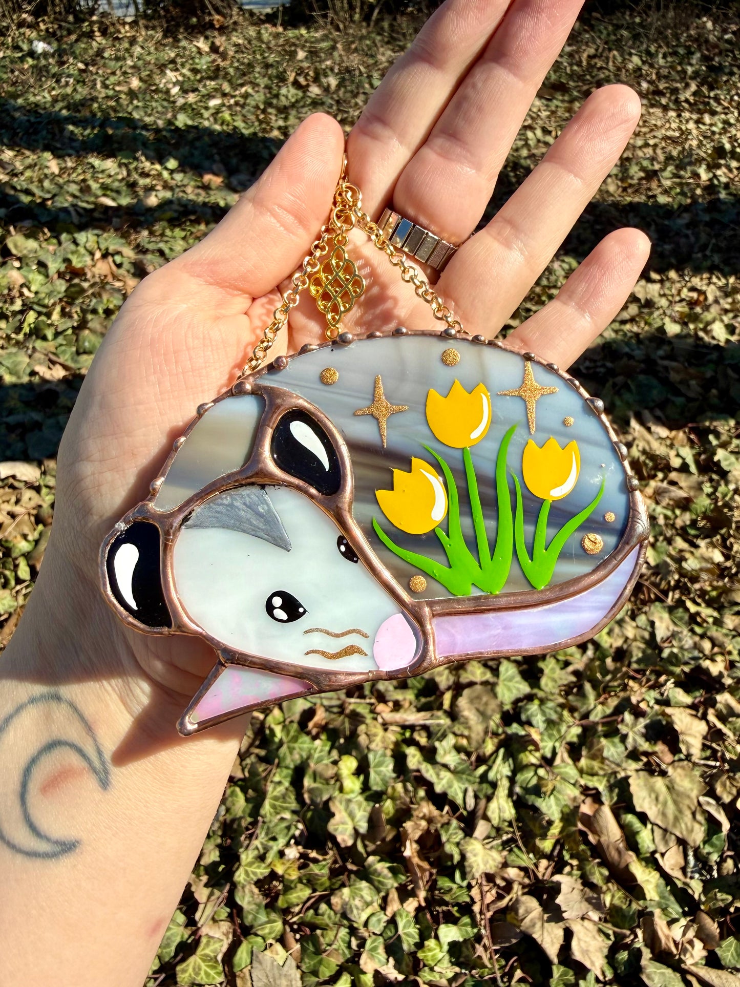 Sleepy Tulip Opossum Stained Glass Mini