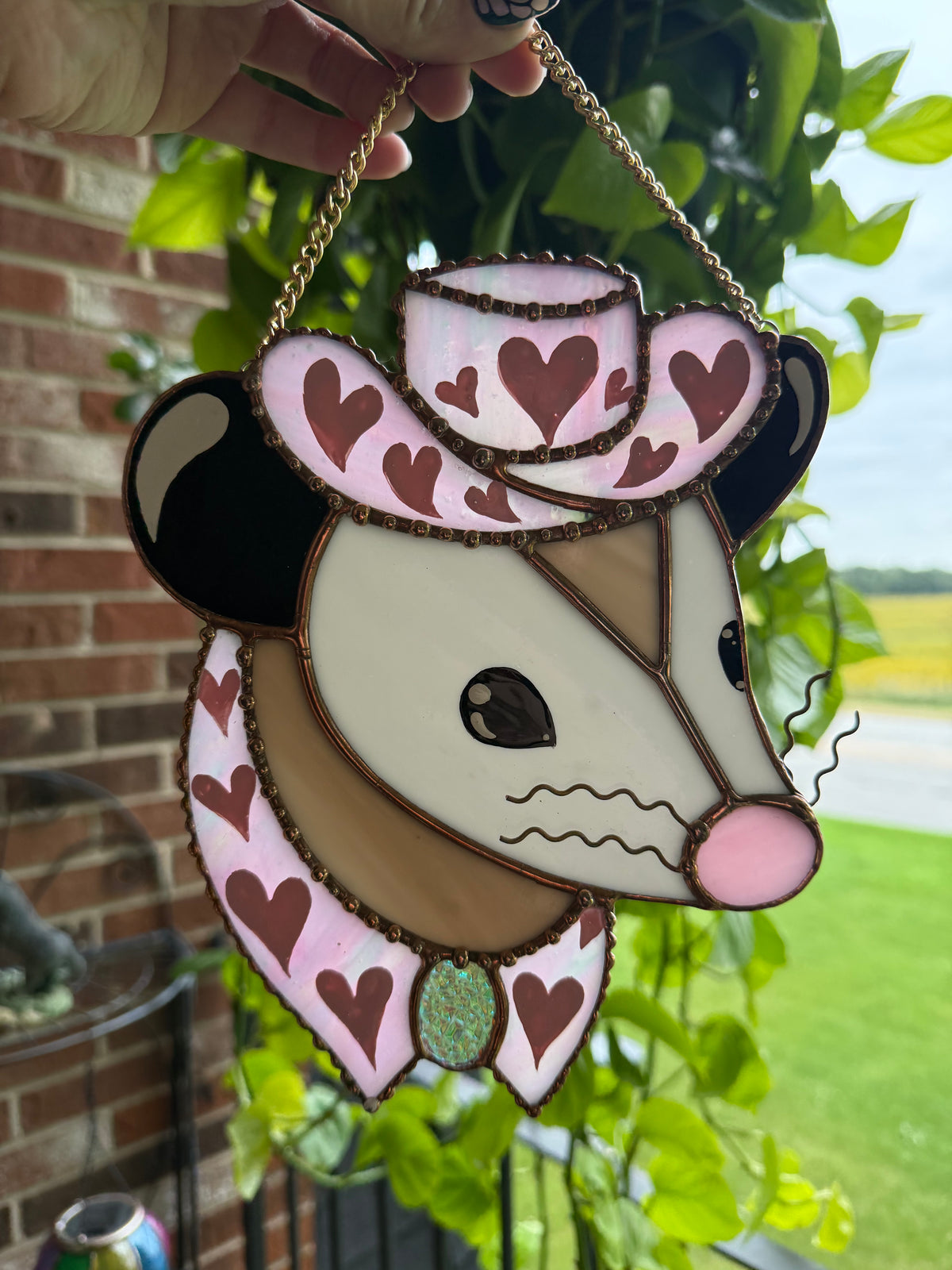 Pink Pony Opossum Stained Glass Suncatcher
