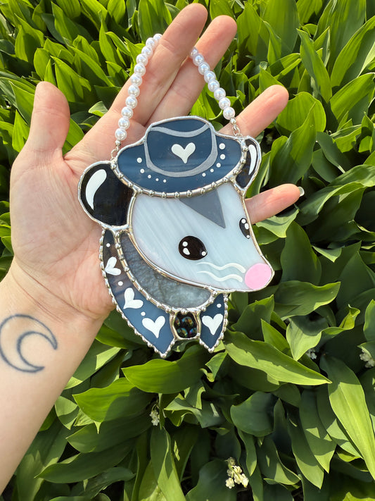 Mini Blue Jean Cowboy Opossum Stained Glass Ornament