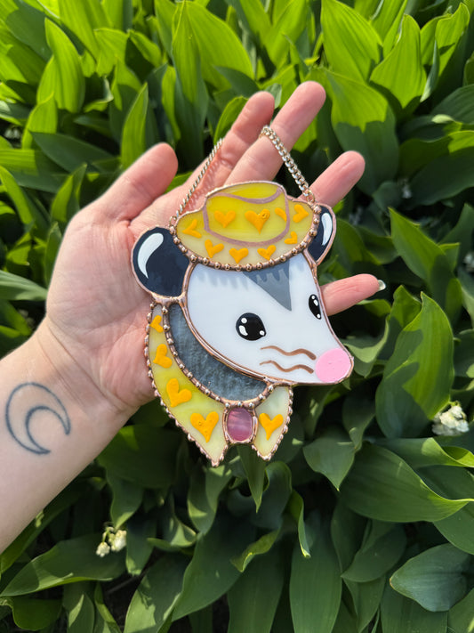 Mini Yellow Cowboy Opossum Stained Glass Ornament