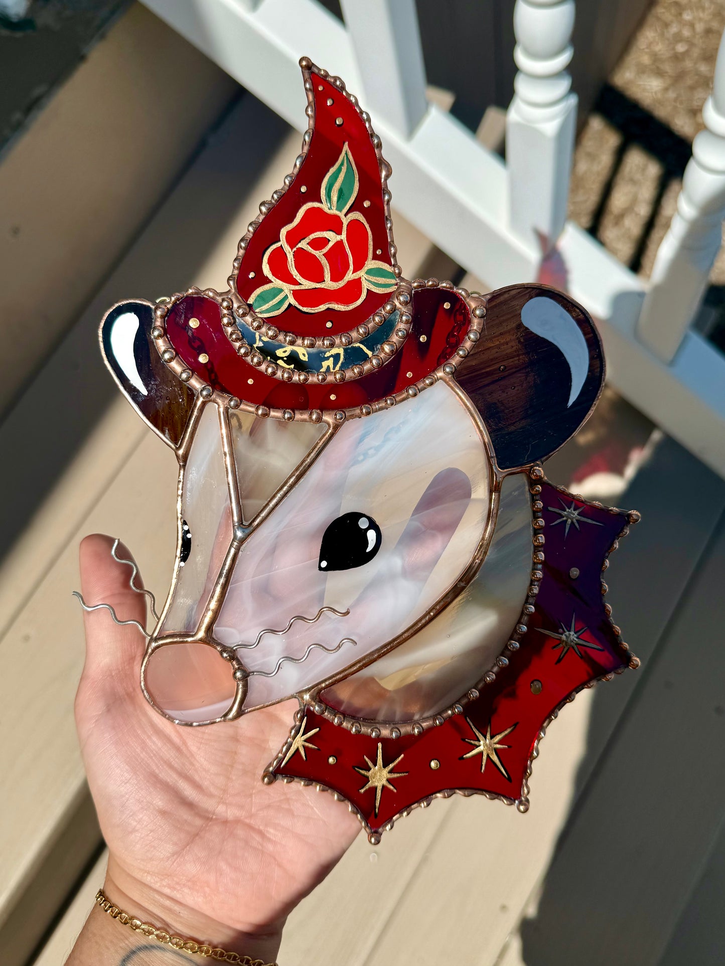 Rose Witch Opossum Stained Glass Suncatcher