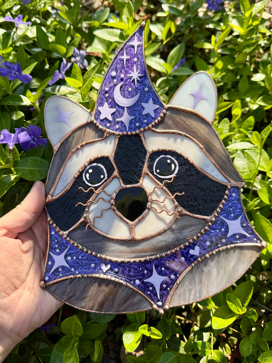 Purple Celestial Wizard Raccoon Stained Glass Suncatcher