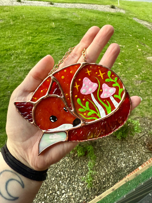 Mini Mushroom Fox Stained Glass Suncatcher